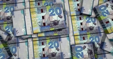 Kuveyt parası Kuveyt Dinarı 3 boyutlu animasyonu finanse ediyor. Kamera görüntüsü şehirlerarası. KWD para paketleri. Enflasyon, ekonomi, kriz, iş, bankacılık, borç ve finans kavramı.