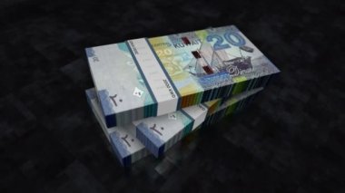 Kuveyt parası Kuveyt Dinarı para yığını. Ekonomi, bankacılık, iş, kriz, durgunluk, borç ve finans konularının kavramı. 20 KWD banknotları 3D animasyon yığınları.