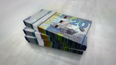 Kuveyt parası Kuveyt Dinarı para yığını. Ekonomi, bankacılık, iş, kriz, durgunluk, borç ve finans konularının kavramı. 20 KWD banknotları 3D animasyon yığınları.