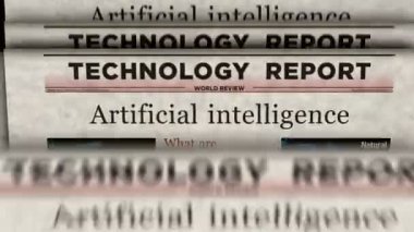 Yapay zeka derin makine eski haberleri ve gazete baskılarını öğreniyor. Soyut konsept retro başlıklar 3d.