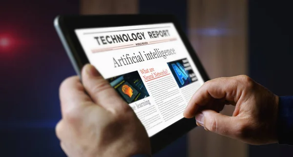 Artificial Intelligence Deep Machine Learning Daily Newspaper Reading Mobile Tablet — Stock Photo, Image