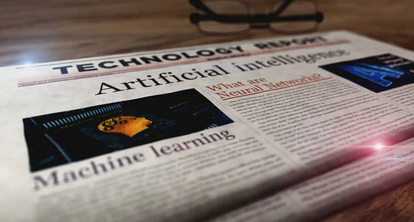 人工智能机器每天都在桌上学习报纸 头条新闻摘要概念3D图解 — 图库照片