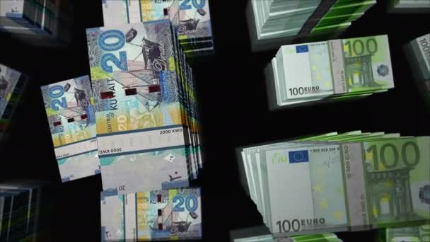 Euro Kuwait Dinar Money Exchange Paper Banknotes Pack Bundle Concept — Stock Video