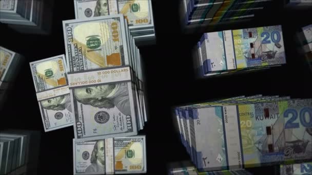 米ドルとクウェートディナールの両替 銀行券パックバンドル 銀行と金融の概念 ノートループ可能なシームレス3D — ストック動画