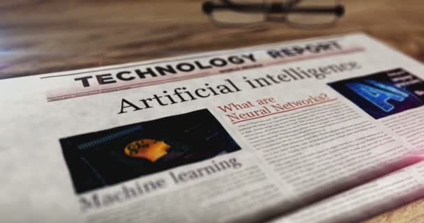 Sztuczna Inteligencja Głęboka Maszyna Uczenia Codziennej Gazety Stole Nagłówki Wiadomości — Wideo stockowe