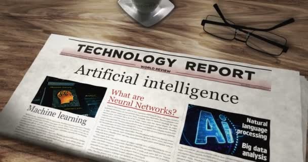 Inteligencia Artificial Profunda Máquina Aprendizaje Diario Periódico Mesa Titulares Noticias — Vídeo de stock