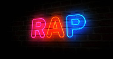 Rap müzik neon sembolü. Rap savaşı ve hip hop retro tarzı ampuller. Soyut konsept 3d illüstrasyon.