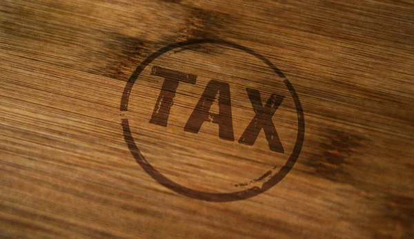 Daňové Razítko Vytištěné Dřevěné Krabici Koncepce Zdanění Příjmů Plateb — Stock fotografie