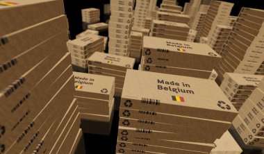 Belçika yapımı kutu üretim hattı. Üretim ve teslimat. Ürün fabrikası, ithalat ve ihracat. Soyut konsept 3D resimleme.