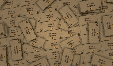 Belçika yapımı kutu üretim hattı. Üretim ve teslimat. Ürün fabrikası, ithalat ve ihracat. Soyut konsept 3D resimleme.