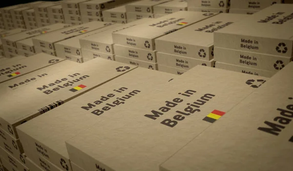 ベルギー製の箱製造ライン 製造と配送 製品工場 輸入と輸出 アブストラクトコンセプト3Dレンダリングイラスト — ストック写真
