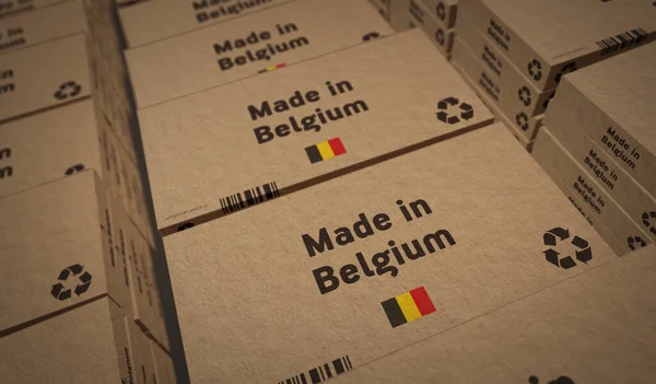 ベルギー製の箱製造ライン 製造と配送 製品工場 輸入と輸出 アブストラクトコンセプト3Dレンダリングイラスト — ストック写真