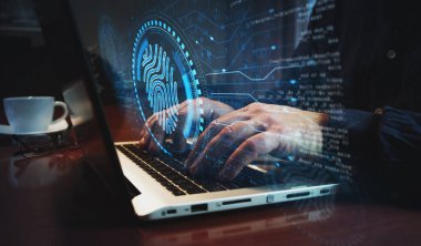 Parmak izi siber biyometrik kimlik güvenliği, kimlik ve gizlilik sembolü ve klavye yazan adam. Eller dizüstü bilgisayarda. Ağ, siber teknoloji ve özet konsept 3D illüstrasyon.