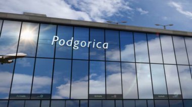 Karadağ 'ın Podgorica kentine uçak iniyor. Cam havaalanı terminali ve jet uçağının yansımasıyla şehre vardık. Seyahat, iş, turizm ve ulaşım 3D konsepti.