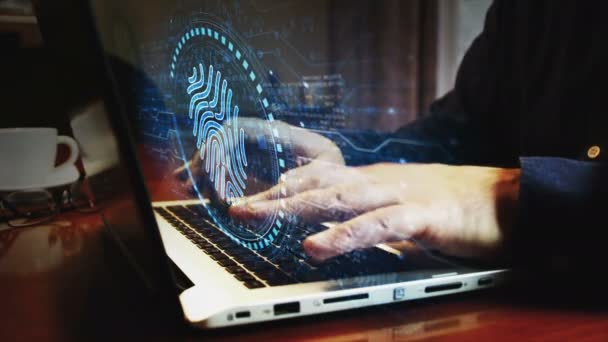 Fingeraftryk Cyber Biometrisk Sikkerhed Identitet Privatliv Symbol Mand Skrive Computertastatur – Stock-video