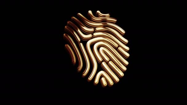 指纹网络生物鉴别安全与身份和隐私金色金属光泽符号概念 镜像发光和反射光图标抽象3D动画 孤立的物体 — 图库视频影像