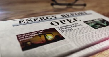 OPEC Petrol İhraç Eden Ülkeler Örgütü ve petrol üreten ihracat derneği günlük gazetesi masada. Manşetler soyut kavram 3D. 
