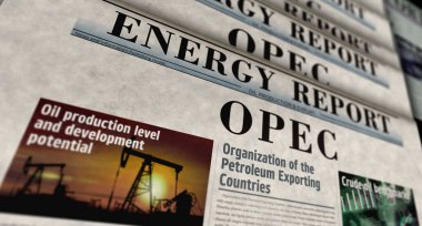 Petrol İhraç Eden Ülkeler OPEC Organizasyonu ve petrol üreten ihracat derneği vintage haber ve gazete baskısı. Soyut konsept retro başlıklar 3d illüstrasyon.