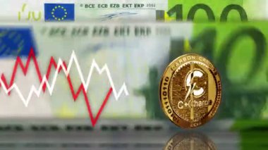 C Charge CCHG EV şifreleme yakıt CCV altın para üzerinde 100 Euro banknot. Arka planda not sayma ve çizelge çizgisi. Döngüsüz ve pürüzsüz 3D soyut kavram.