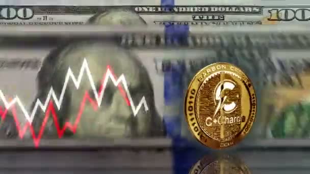 CチャージCchg Ev暗号Ev燃料チャージ100ドル紙幣以上の黄金のコイン 背景に米国のノートカウントとチャートライン ループ可能でシームレスな3D抽象概念 — ストック動画