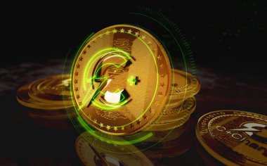 CCHG EV kripto EV yakıt Ccharge altın para yeşil ekran arka plan. Soyut konsept 3d illüstrasyon.