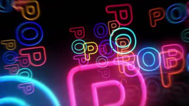 Pop müzik neon sembolü. Renkli ampuller. Disko dansı popüler 1980 'lerin sanat tarzı soyut, pürüzsüz ve döngüsel kavramı. 3D tünel animasyonunda uçuyor..