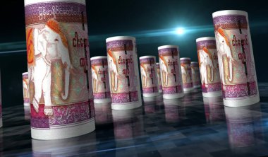 Myanmar parası Burma Kyat para paketi 3D resim. 5000 MMK banknot destesi. Maliye, nakit, ekonomi krizi, iş başarısı, durgunluk, banka, vergi ve borç kavramı.