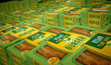 Vejetaryen burger yeşil organik gıda kutusu üretim hattı. Vejetaryen hamburger çevre dostu yemek paketi fabrikası. Soyut konsept 3D resimleme.