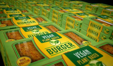 Vejetaryen burger yeşil organik gıda kutusu üretim hattı. Vejetaryen hamburger çevre dostu yemek paketi fabrikası. Soyut konsept 3D resimleme.