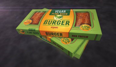 Vejetaryen burger yeşil organik gıda kutusu üretim hattı. Vejetaryen hamburger çevre dostu yemek paketi fabrikası. Soyut konsept 3D resimleme.