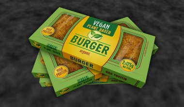 Vejetaryen burger yeşil organik gıda kutusu üretim hattı. Vejetaryen hamburger çevre dostu yemek paketi fabrikası. Soyut konsept 3D resimleme.
