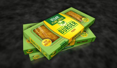 Vejetaryen burger yeşil organik gıda kutusu üretim hattı. Vejetaryen hamburger çevre dostu yemek paketi fabrikası. Soyut konsept 3D resimleme.
