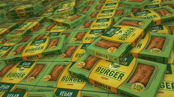 Vegan Burger Zielona Organiczna Linia Produkcyjna Pudełka Żywności Wegetariańskie Hamburger — Zdjęcie stockowe
