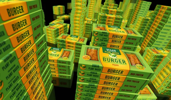 Vegán Hamburger Zöld Bio Élelmiszer Doboz Gyártósor Vegetáriánus Hamburger Környezetbarát — Stock Fotó