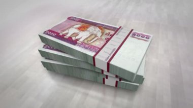 Myanmar parası Burma Kyat para yığını. Ekonomi, bankacılık, iş, kriz, durgunluk, borç ve finans konularının kavramı. 5000 MMK banknotları 3D animasyon yığınları.
