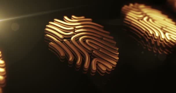指紋サイバー生体認証Idセキュリティとアイデンティティとプライバシー黄金の金属輝きシンボルコンセプト 輝きと反射光のアイコンの抽象的な壮大な シームレスでループ3D — ストック動画