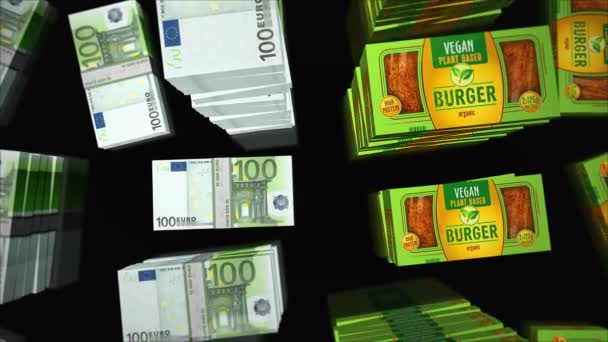 Hamburguesa Vegana Verde Caja Alimentos Orgánicos Pilas Paquetes Dinero Euro — Vídeo de stock