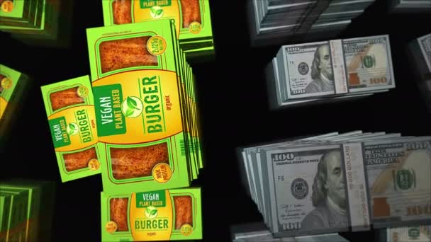 Веганский Гамбургер Зеленой Коробке Американскими Деньгами Вегетарианский Гамбургер Экологически Чистая — стоковое видео