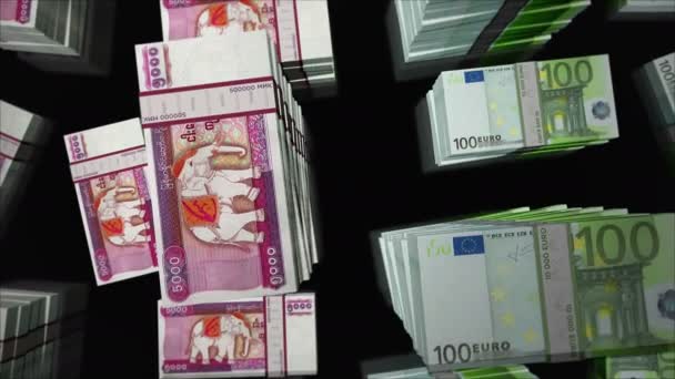 Euro Myanmar Kyat Money Exchange Paper Banknotes Pack Bundle Concept — Stockvideo
