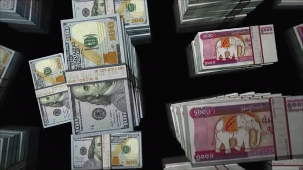 American Dollar Myanmar Kyat Money Exchange Banknotes Pack Bundle Concept — Vídeo de stock