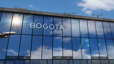 Bogota 'ya uçak iniyor, Kolombiya 3D. Cam havaalanı terminali ve jet uçağının yansımasıyla şehre vardık. Seyahat, iş, turizm ve ulaşım 3D konsepti.