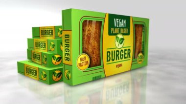 Vejetaryen burger yeşil organik gıda kutusu. Vejetaryen hamburger, çevre dostu yemek paketi. Animasyon oluşturan soyut bir kavram. Kamera hareket ederken 3 boyutlu görüntü.