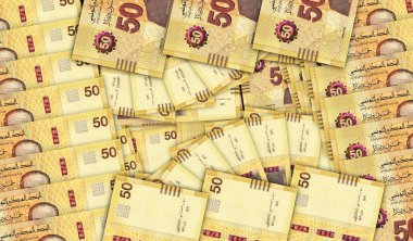Tunus Dinar banknotları nakit fan mozaiği şeklinde. 50 TND para notu. Soyut banka, finans, ekonomi dekoratif tasarım konsepti 3d illüstrasyon.