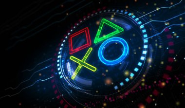 Joystick oyun konsolu video oyunu ve siber esport sembolü dijital konsept. Ağ, siber teknoloji ve bilgisayar arkaplanı soyut 3D resimleme.