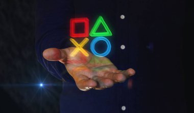 Joystick oyun konsolu video oyunu ve siber esport 3D sembolü insan elinin üzerinde. Siber teknoloji ikonu soyut konsept çizimi.