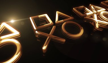 Joystick oyun konsolu video oyunu ve siber esportlar altın metal parlama sembolü konsepti. Görkemli parlama ve yansıtma ışığı simgesi soyut nesne 3d illüstrasyon.