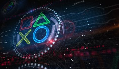 Joystick oyun konsolu video oyunu ve siber esport sembolü dijital konsept. Ağ, siber teknoloji ve bilgisayar arkaplanı soyut 3D resimleme.