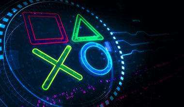 Joystick oyun konsolu video oyunu ve siber esport sembolü dijital konsept. Ağ, siber teknoloji ve bilgisayar arkaplanı soyut 3D resimleme.