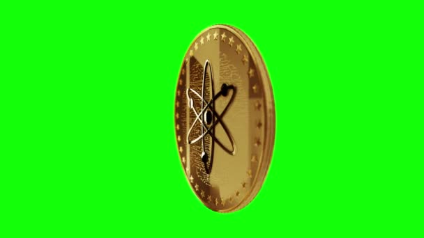 Космос Атомна Криптовалюта Ізольована Золота Монета Циклічному Фоні Зеленого Екрану — стокове відео