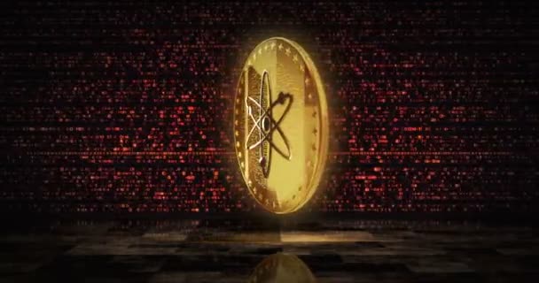 Космос Атом Криптовалюта Золотая Монета Цифровом Экране Циклический Фон Вращающаяся — стоковое видео